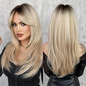 7JHH WIGS Long Blonde Wig with Bangs for Women,Heat Resistant Fiber 25 Inch Layered Synthetic Hair Wigs with Dark Roots for Daily Use