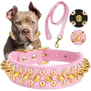 Epesiri Golden Spike Collar for Dogs, Gold Spiked Dog Collar, Durable PU Leather Studded Dog Collar with Leash, Funny Mushrooms Rivet  Pet Cat Adjustable Collar, Pink XXL