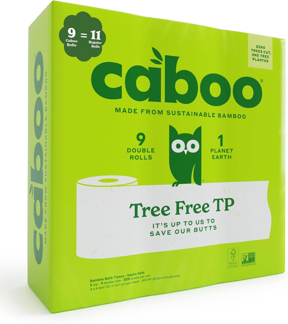 Caboo Tree Free Toilet Paper, Septic Safe Bath Tissue, Quick Dissolving 2 Ply Sheets - 300 Sheets Per Roll, 9 Double Rolls (Count of 9 (Pack of 1))