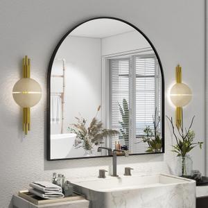XRAMFY Arched Bathroom Mirror 32" x 34" for Bathroom Vanity Mirror or Wall Decor Black Arch Mirror Aluminum Alloy Frame Wall Mounted Mirror for Living Room Bedroom Entryway