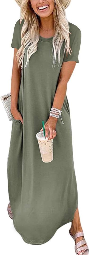 Anrabess Womens Summer Maxi Dress Short Sleeve Casual Loose Long T Shirt Dresses Split Vacation Beach Sundress Travel Outfits Olive X-Large