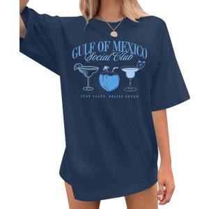 Gulf of Mexico Forever T Shirts for Women Vintage Graphic Oversized Shirt Retro Short Sleeve Loose Fit Tee Tops (Blue, M)
