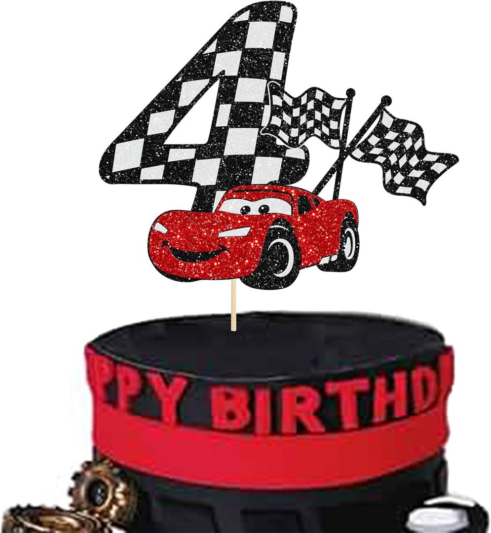 Gyufise 1Pc Race Car 4th Cake Topper Glitter 4th Racing Car Birthday Cake Topper Decoration for Racing Car Checkered Flag Themed Girl Boy 4 Years Birthday Party Supplies
