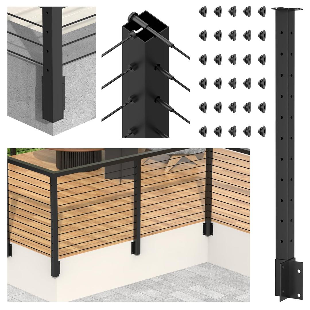 RailinGo 36" Side Mount Outside Corner Cable Post, 3-Side Drilled Flat Top Outer Corner Post(Post 44"x2"x2"), Space-Saving Fascia Mount Cable Railing System, Stainless Steel Wire Railing Kits, RG74