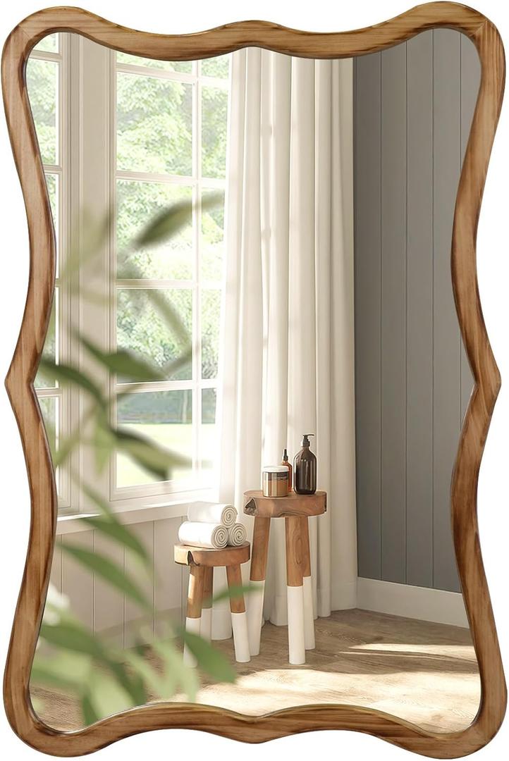 ULIKE Wavy Mirror for Bathroom, 24"x36" Rustic Farmhouse Wood Mirror for Wall Decor, Modern Decorative Vanity Mirrors for Bedroom Living Room Entryway, Brown (24"L x 36"W, Rustic Wood)