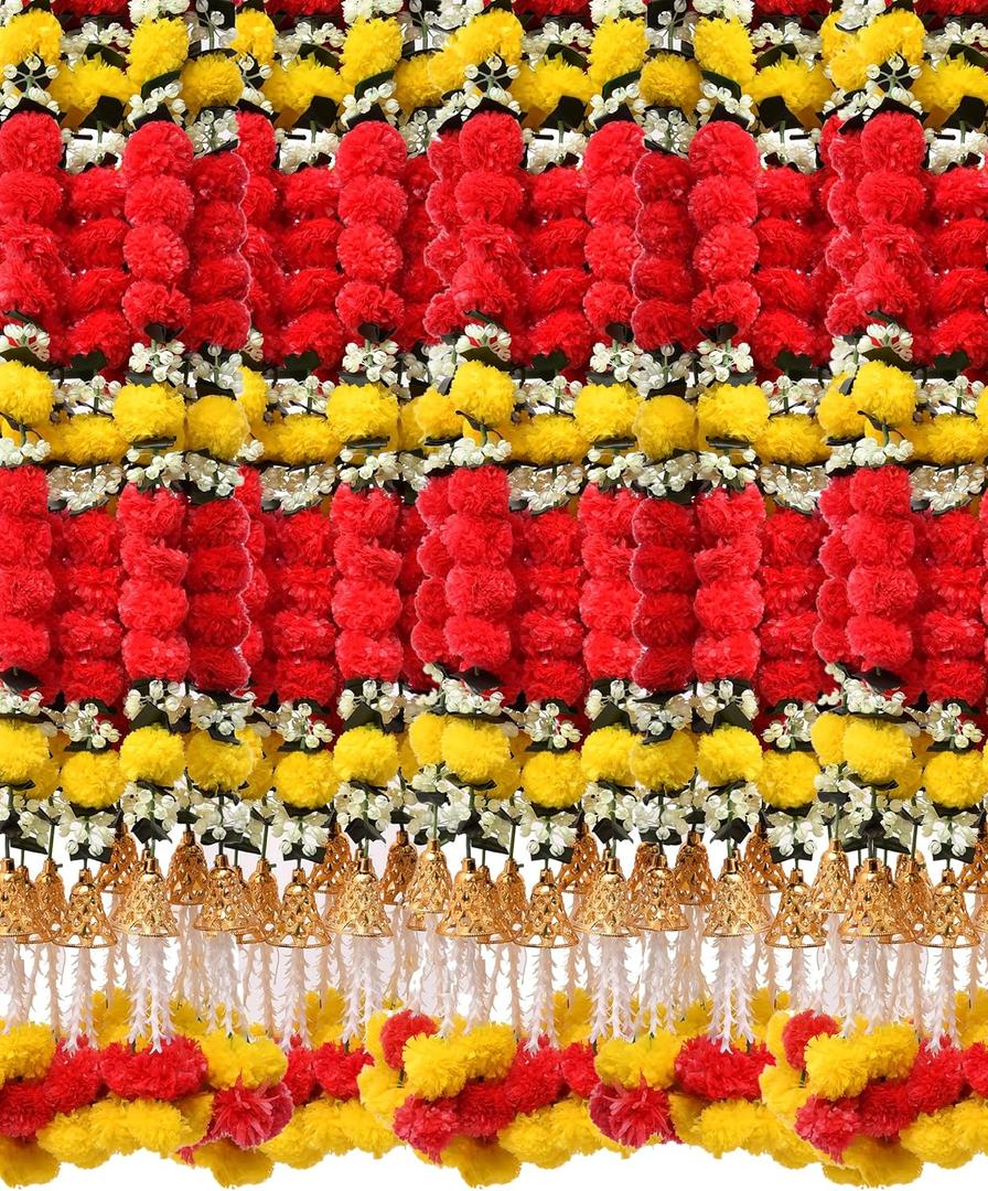 5 PC - 5 feet Marigold Garland with Bells Indian Diwali Decoration Dia De Los Muertos Day of Dead Wedding Decoration Faux Garlands Mantle Decoration (Red)