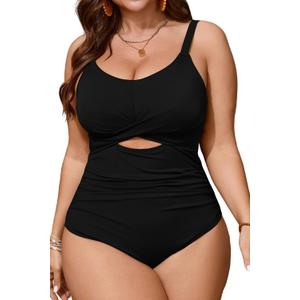 Women's Plus Size One Piece Swimsuit Bathing Suit Tummy Control Cutout Twist Front Push Up Ruched Swim Suit Swimwear (2X, Black)