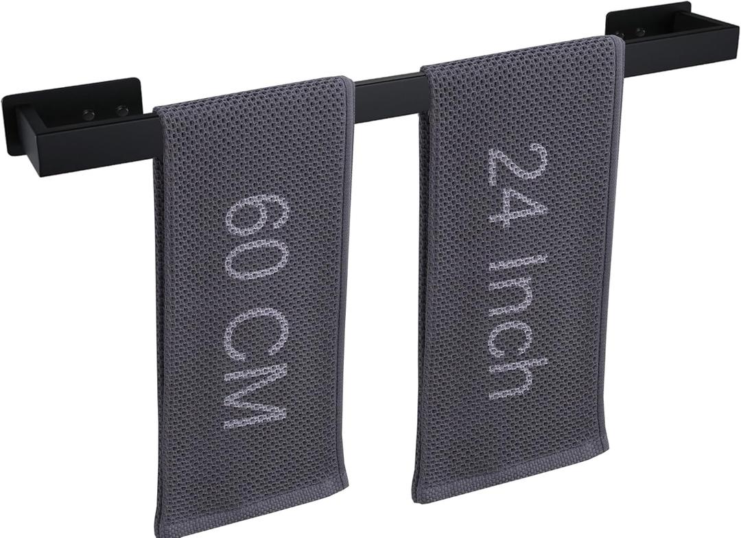 LANC Matte Black 24-Inch Bath Towel Rack Self-Adhesive Bathroom Towel Bar for Wall Mounted and Drill Free Towel Rod, Sticky on Kitchen Bathroom Towel Holder Stainless Steel, A8310MB-L6