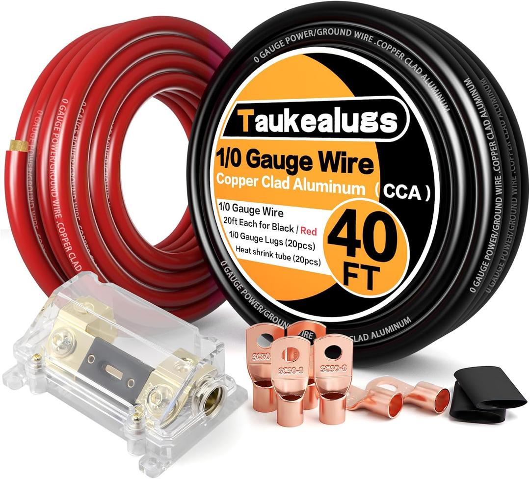 1/0 Gauge Battery Cable Wire Copper Clad Aluminum CCA Amp Wiring Kit 40FT Black/Red for Automotive Power Ground,Car Audio Speaker,Inverter Truck with 250A ANL Fuse Holder Lug Terminal Heat Shrink Tube