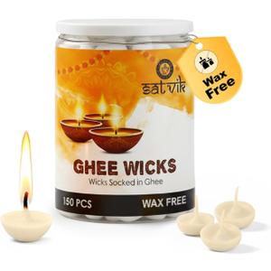 SATVIK Pack of 150 Pure Ghee Wicks for Puja | Ready-to-Use Diya Batti | 30-Min Burn Time | Wax-Free Cotton Wicks | Ideal for Pooja, Meditation, Diwali, and Housewarming Gifts
