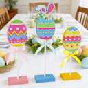 Easter Decorations for Home,3Pcs Egg Shaped Wooden Table Centerpiece Signs with Rabbit EarColorful Easter Egg Tiered Tray Decor for Home Farmhouse Kitchen Decorations