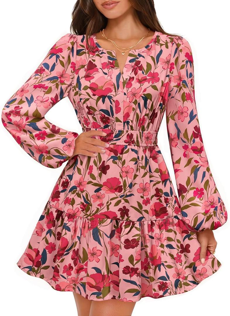 MEROKEETY Fall Wedding Guest Dresses for Women Long Sleeve Floral Casual Lightweight Flowy Swing Boho Dress Pockets (S)