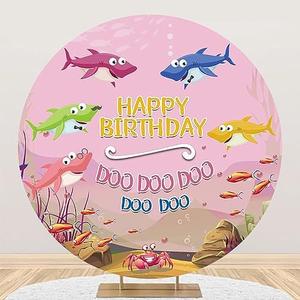 Renaiss 6x6ft Shark Family Round Backdrop Covers for Photoshoot Kids Portrait Colorful Sharks Fishes Doo Doo Doo Pink Circle Photography Background Happy Birthday Party Decors Photo Booth Props