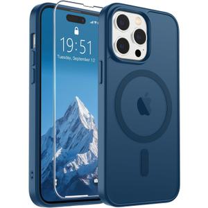 SUPFINE Magnetic for iPhone 14 Pro Max Case with Screen Protector (Compatible with MagSafe) (Military Grade Drop Protection) Translucent Matte Shockproof with Anti-Fingerprint Phone Case,Deep Blue