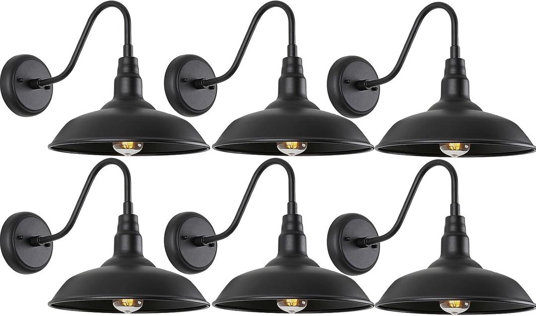 10in. Gooseneck Barn Light 6 Pack Farmhouse Wall Mount Light Fixture Exterior Waterproof Black Industrial Wall Sconce for Porch, Garage, Patio and Doorway, E26, LM2201-6P, 10" Dome