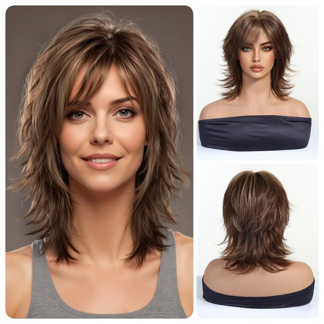 Fashion Brown Wavy Short Curly Human Hair Wigs With Layered Bangs For Mature Women Daily Wear (Brown,16inch)