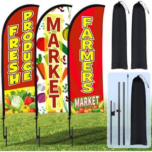 Buryeah 3 Pack 12ft Fresh Produce Farmers Market Feather Flags Banners Advertising Sign Fresh Produce Flag with Flag Pole Ground Stake Portable Bag for Food Advertising Vegetable Business(Red)
