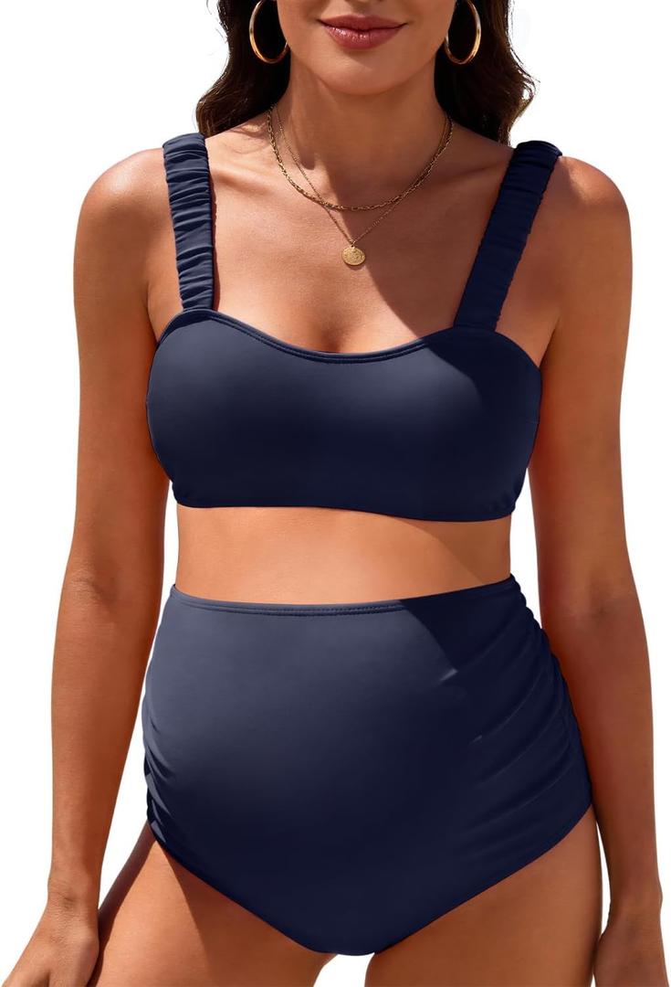Century Star Maternity Bikini Swimsuit for Women - Two Piece High Waisted Bathing Suit Wide Ruched Straps Pregnancy Swimwear (Blue, L)