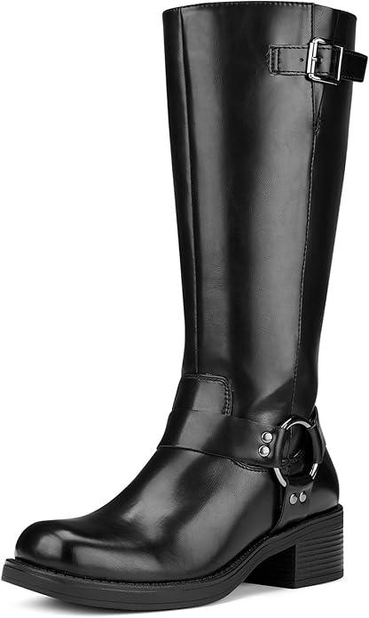 ZURIN Women's Knee High Boots Fashion Buckle Riding Boots Square Toe Chunky Block Heel Vintage Biker Motorcycle Boots for Women, Size 7