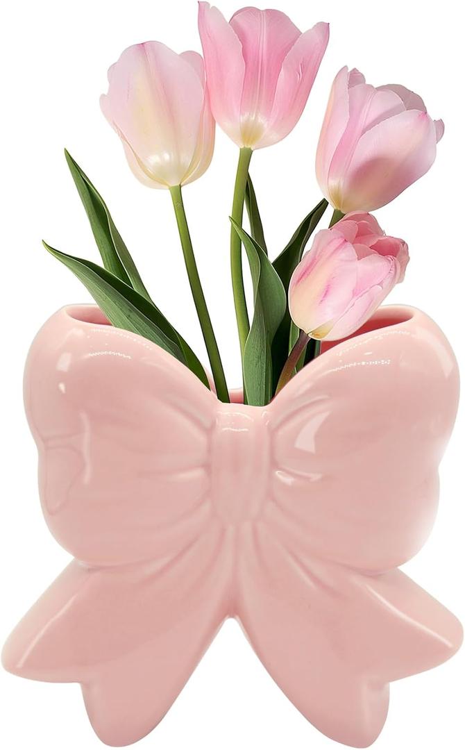 Coquette Vase Bow Ceramic Pen Holder Makeup Brush Holder, Contemporary Design Decorative Women Gifts for Home Office Shelf Table Living Room Classic Pink