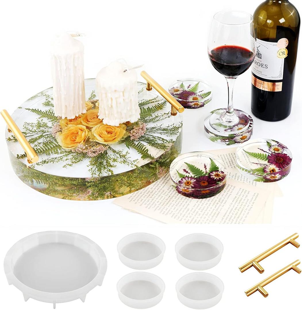 Tray Molds for Epoxy Resin kit 13.5'' Deep Large Round Silicone Molds with 4pcs Coasters Resin Molds, Table Clock Mold DIY Flowers Preservation Resin Art Home Decoration