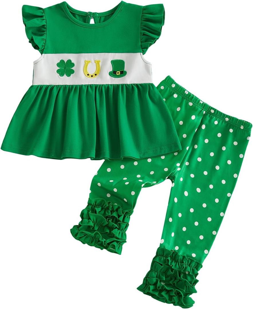 Toddler Girl St Patrick's Day Outfit Embroidery Ruffle Flutter Sleeve Tunic Dress Top Dot Ruffle Pants 2Pcs Clothes (Green), 6-12M