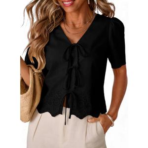 Dokotoo Womens Tie Front Tops Summer V-Neck Puff Short Sleeve Crop Tops Loose Fit Blouses Eyelet Embroidered Shirts