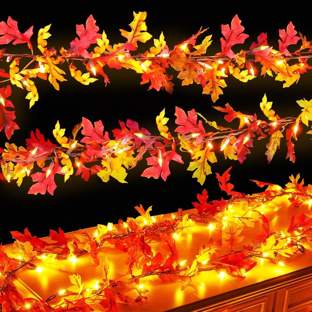 Thanksgiving Decorations Fall Garland with Lights 9Ft Plug in Lighted Thanksgiving Garland with 50 Incandescent Bulbs Fall Decor Lights for Outdoor Indoor Home Party Autumn Fall Harvest Decortions