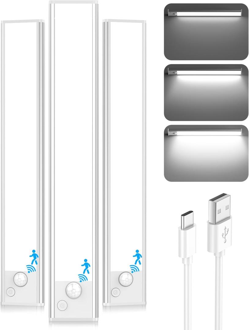 12'' Under Cabinet Lights, 2500mAh LED Battery Operated Rechargeable Motion Sensor Lights Indoor, Magnetic Dimmable Closet Light, Wireless Under Counter Cupboard Night Light for Kitchen, Stair, 3 Pack