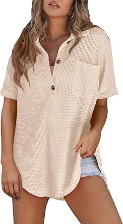 Astylish Women Waffle Knit Tops Henley Shirts Short Sleeve V Neck Solid Color Casual Tunic
S