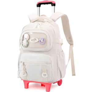 LANSHIYA Girls Rolling Backpack Elementary School Bag with Wheels, Trolley Bags for Kids Roller Backpack for Girls Boys (White-2 Wheels)