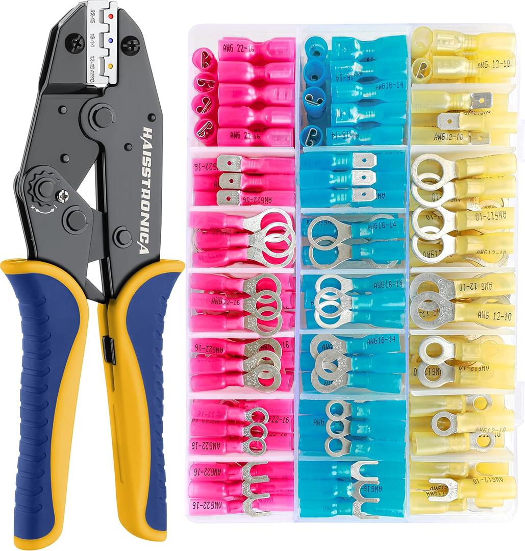 haisstronica Crimping Tool for Heat Shrink Connectors HS-8327 with 280PCS Marine Grade Heat Shrink Wire Connectors,Tinned Red Copper AWG 22-10 Electrical Ring Fork Spade Splice(3 Colors/21 Size)