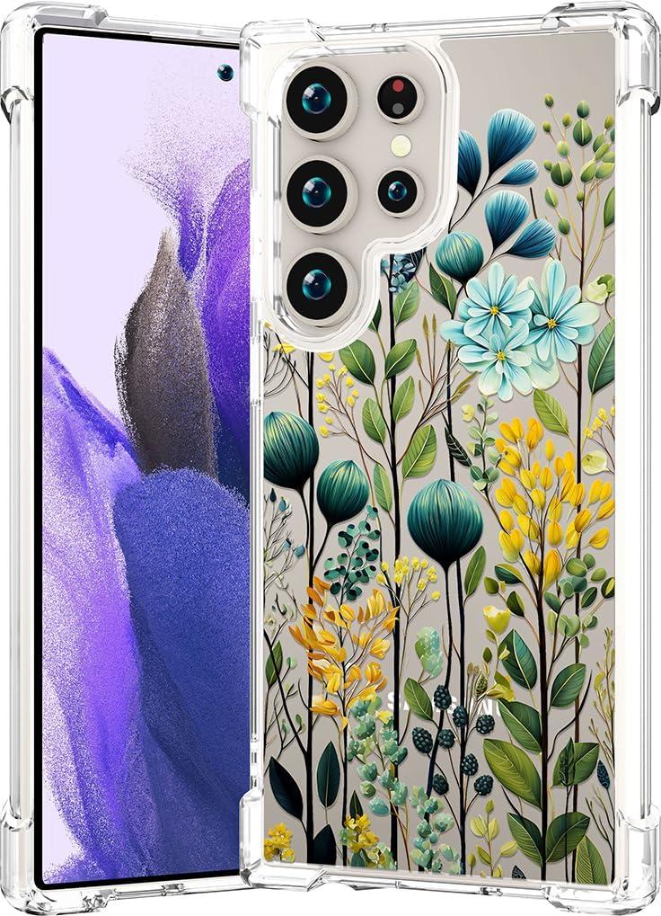 Compatible for Samsung Galaxy S24 Ultra Case Clear Cute for Women - Rugged Phone Cases Funda Protector Cover Skin (Green Forest Jungle Herbs)