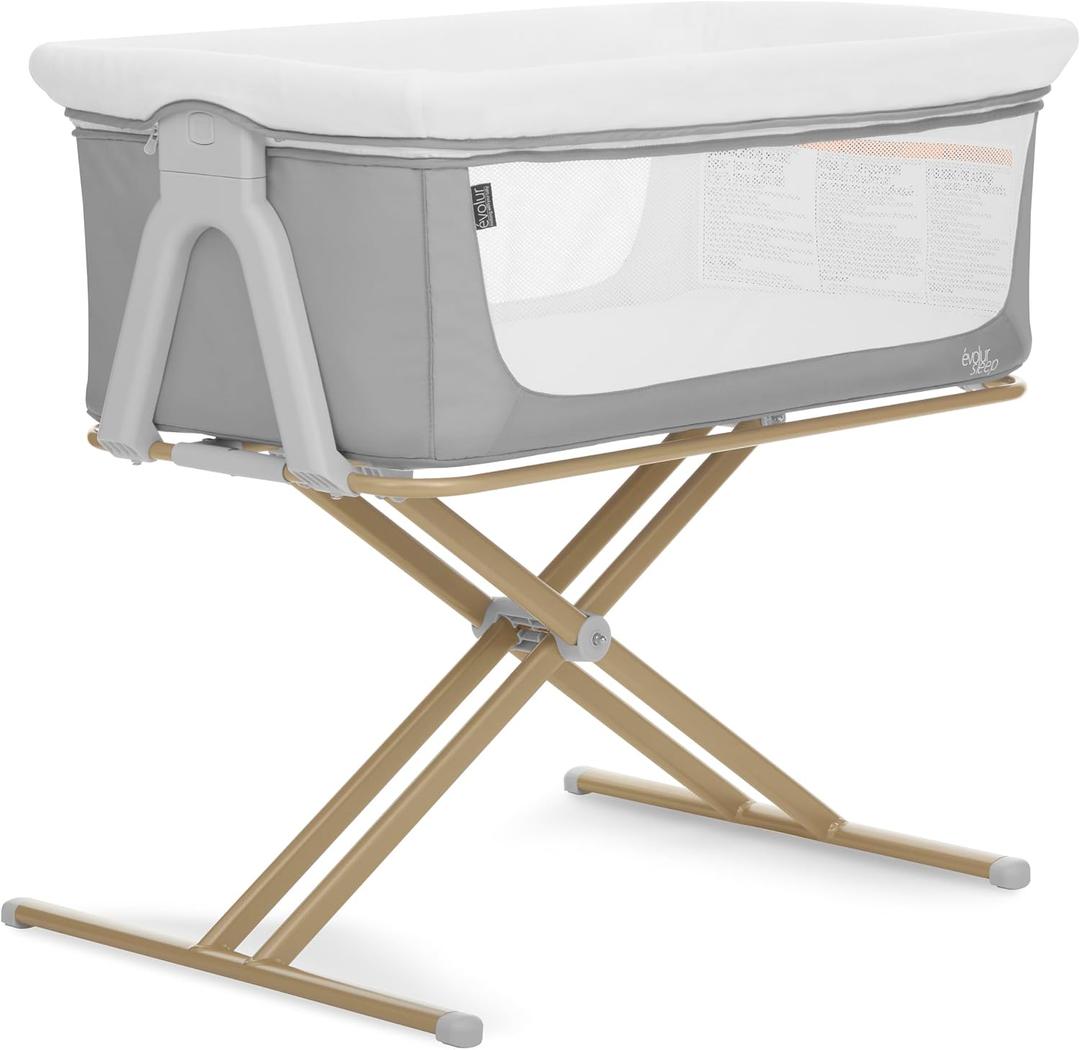 Evolur Orabelle Baby Bassinet & Bedside Sleeper, Breathable Mesh Sides, Plush Mattress Pad with Removable Cover, Tool-Free Assembly, Quick Foldable Steel Frame Compact Design with Travel Bag Grey