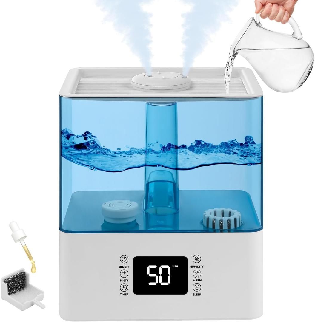 6L Humidifier for Bedroom & Nursery, Cool & Warm Mist, Top Fill, Essential Oil Diffuser, 360 Nozzle, Auto Shut-Off - BW