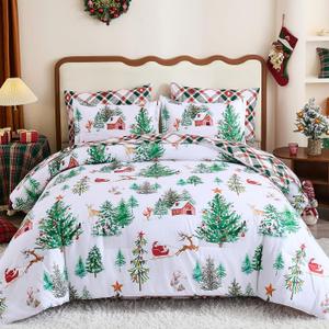 Dobuyly Christmas King Comforter Set 7 Pieces, Xmas Tree Reindeer Bedding Set Reversible Green Red Plaid Comforter Set with Sheets, Soft Winter Holiday Bed in a Bag