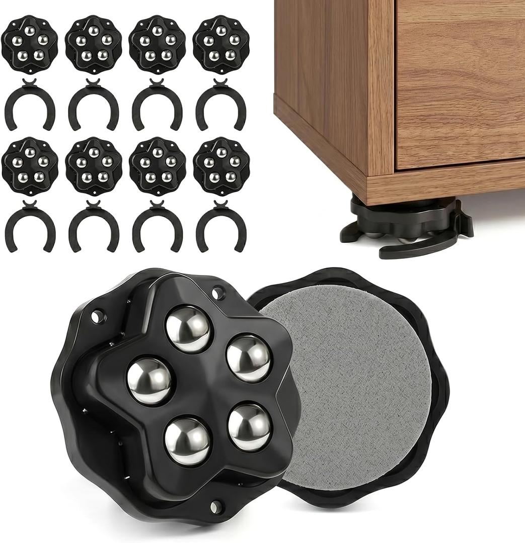 Furniture Sliders with 360 Self Adhesive Caster Wheels Mini Rollers for Furniture, Storage Bins & Appliances Black, (8, Black)