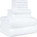 Amazon Basics 100% Cotton Soft Quick-Dry 8-Piece Towel Set, Bath Towels, Hand Towels, Washcloths, White, Compact & Lightweight