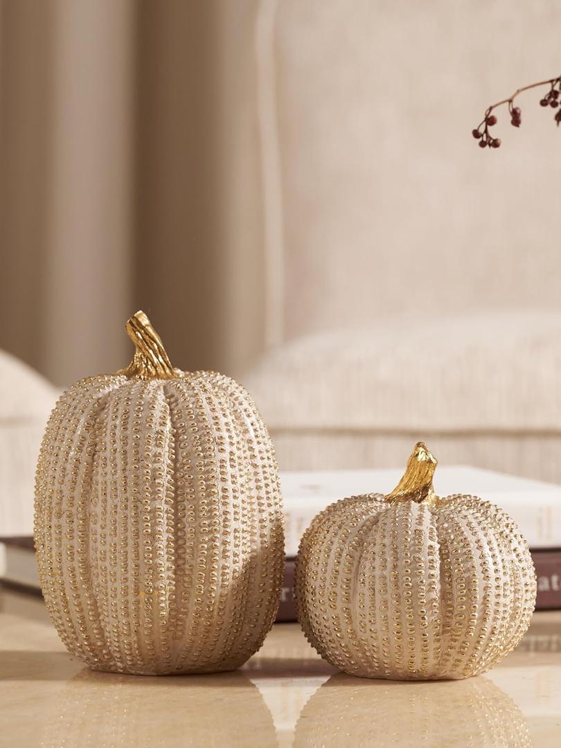 Fall Thanksgiving Pumpkin Decor Figurines, 2 PCS Fake Pumpkin Statues for Tabletop Decorating, White and Gold Resin Pumpkins for Autumn Harvest Luxury Fall Home Decor, Farmhouse, Gift Package (Set of 2)
