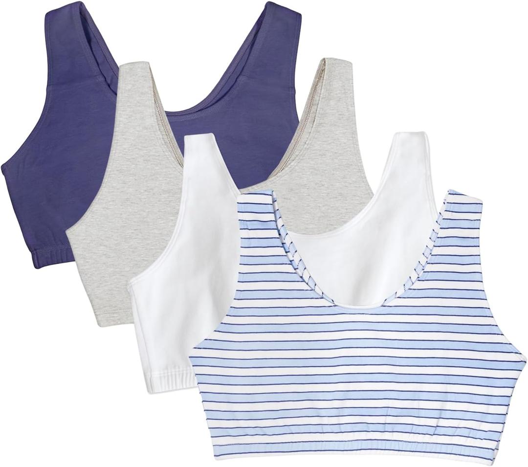 Fruit of The Loom Women's Multi-Pack Tank Top Style Sports Bra (42, Cottage Stripes/Skipper Blue/Grey Heather/White)