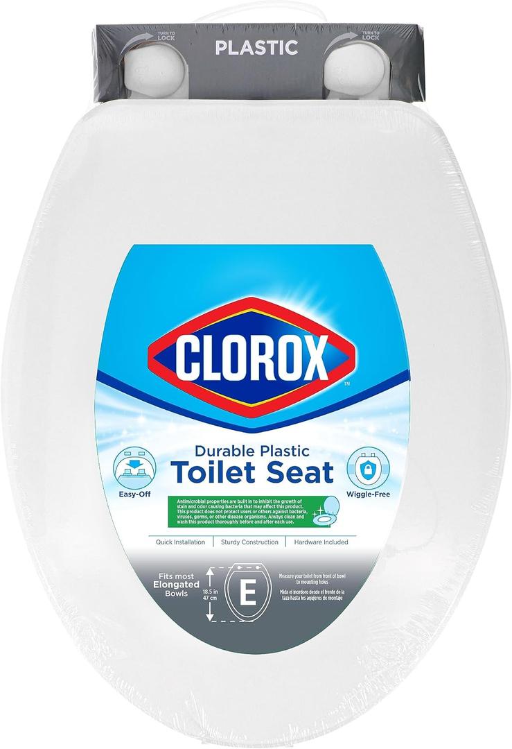 Clorox Elongated Plastic Toilet Seat with Easy-Off Hinges, Wiggle-Free