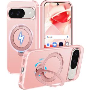 HuwaiH 360 Rotatable Magnetic Ring Stand for Google Pixel 9/9 Pro/10/10 Pro Case, Compatible with MagSafe, Military-Grade Shockproof, Anti-Scratch Matte Translucent Phone Case(Pink)