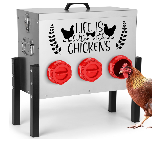 TGEYD 30 lb Chicken Feeder with 6 NoWaste Ports – HeavyDuty Outdoor Metal Feeder with Adjustable Height, Locking Lid & Riveted Handles – Rustproof Feed Box for Poultry & Backyard Chickens