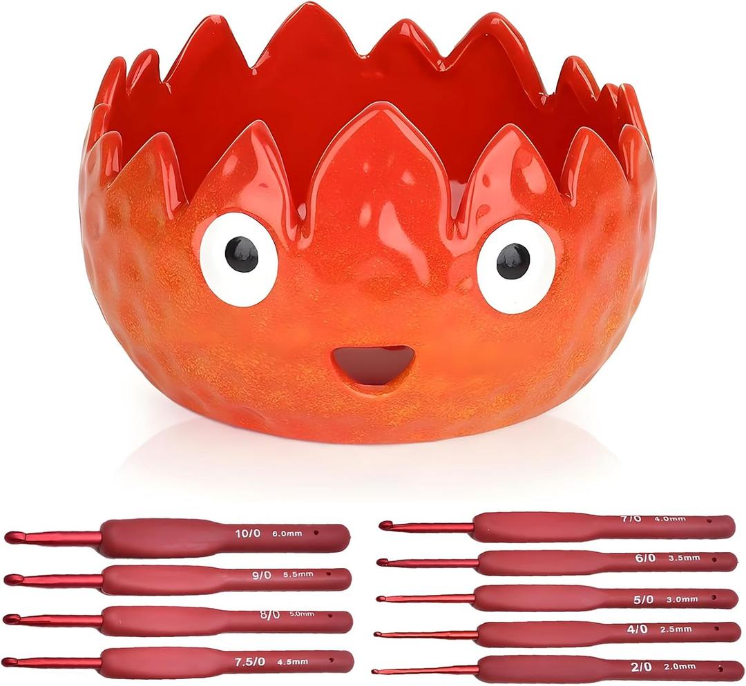 Flame Yarn Bowl with 9 Size Crochet Hooks
