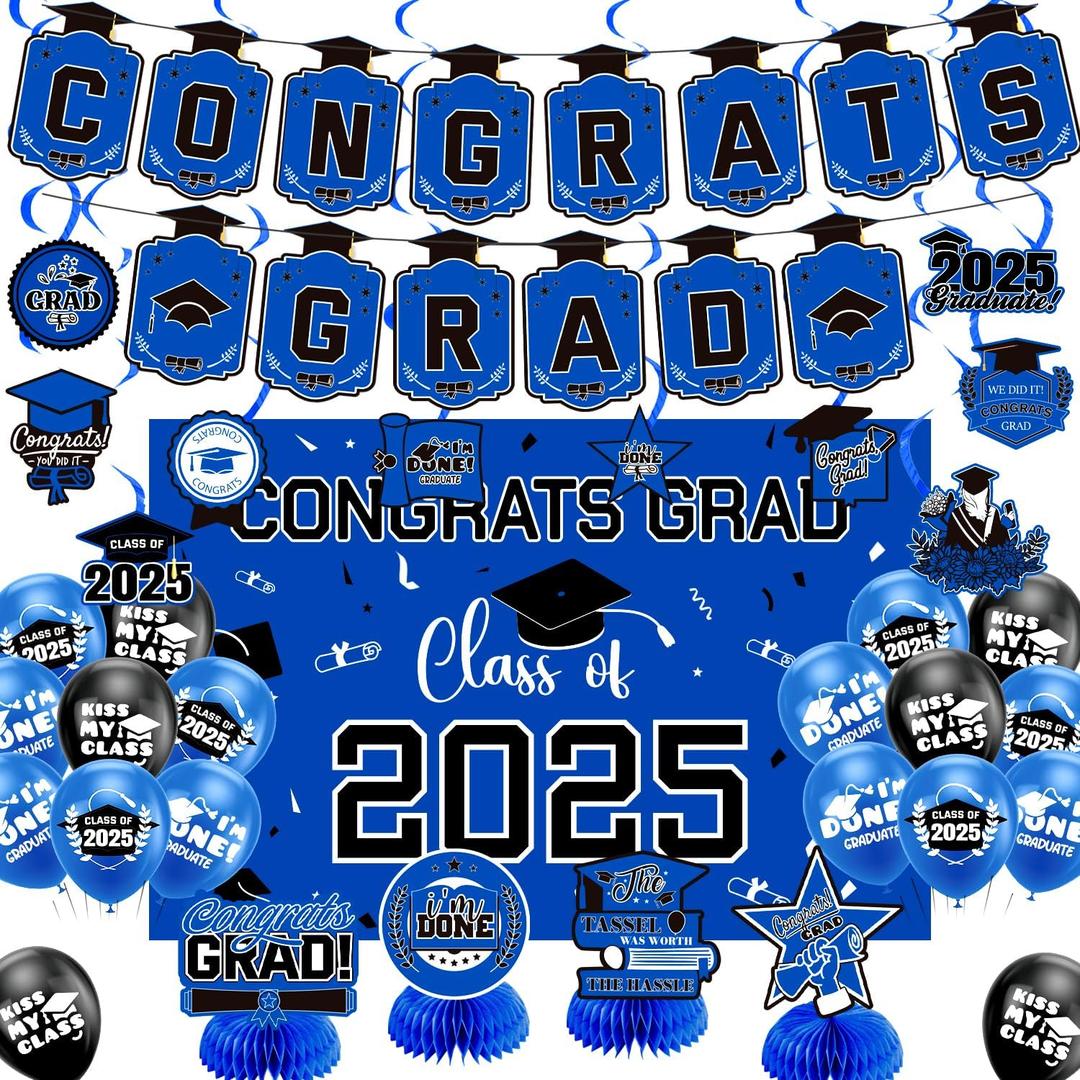 Graduation Decorations 2025 Blue Themed Set - Congrats Grad Banner, Class of 2025 Backdrop, Balloons & Streamers Kit - Complete Party Supplies for High School & College Celebrations