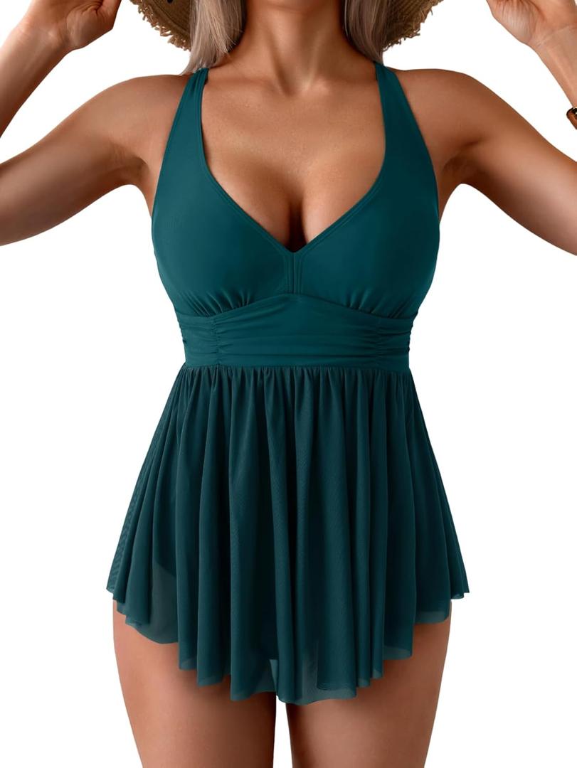 Women's One Piece Swim Dress Swimsuit Tummy Control Mesh Swimdress V Neck Bathing Suit Skirt Tie Back Swimwear (X-Large, Peacock Green)
