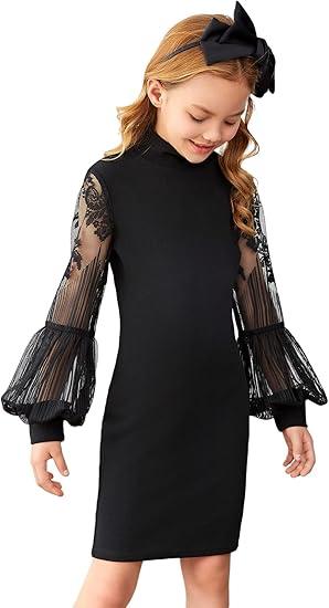 WDIRARA Girl's Floral Lace Sheer Mesh Bishop Long Sleeve Mock Neck Pencil Dress 7Y