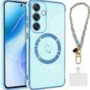 OOK Magnetic Phone Case for Samsung Galaxy S25 6.2 Inch [Wireless Charging Compatible] Soft TPU Heart Design Shockproof Protection Electroplated Slim Case with Strap Lanyard - Blue