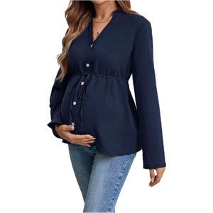 MakeMeChic Women's Maternity Blouse Notched Button Down Ruffle Long Sleeve Dressy Tops (X-Large, Blue)
