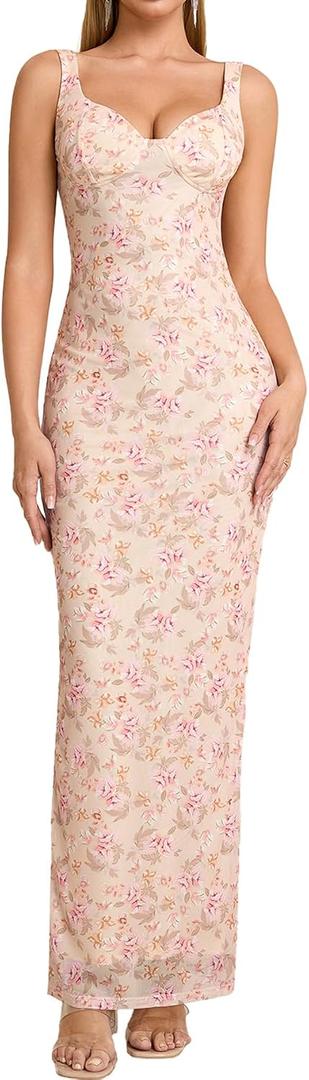HTZMO Womens Floral Bodycon Formal Wedding Guest Maxi Dress | Fall Bride Shower Party, Elegant V Neck Long Dresses, Soft Stretchy Mesh Fabric, Winter 2026 (L)